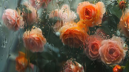 View of rose flowers behind condensed glass ,Generative ai, 