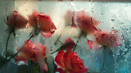 View of rose flowers behind condensed glass ,Generative ai, 