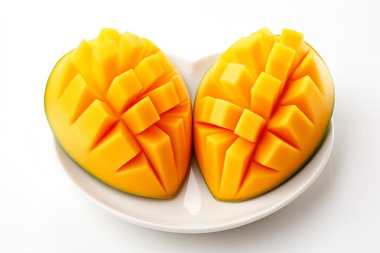 Sliced mango fruit in the shape of a heart on a white background