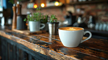 Kafe aesthetic. Stylish coffee cup, rustic bar with artistic latte art. Selective focus - obrazy, fototapety, plakaty