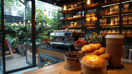 Cozy coffee shop setup with fresh pastries and modern decor. Kafe aesthetic. Selective focus - Powered by Adobe