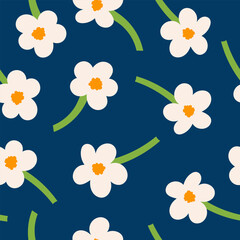 Abstract floral seamless pattern. Colorful botanical print. Groovy white daisy flowers on a blue background. Vector illustration