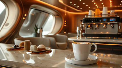 Stylish futuristic coffee bar, espresso machine, cup. Kafe aesthetic. Selective focus