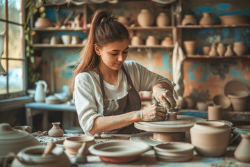 Young female ceramist create pottery sculpture with hands on a pottery wheel from grey clay. Ceramics store, small business. Beautiful female potter wearing apron working in pottery. Workshop, hobby - Powered by Adobe