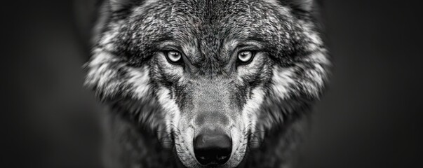 Aggressive wolf head detail in black and white color. Detail of Wolfs head on wide bacground