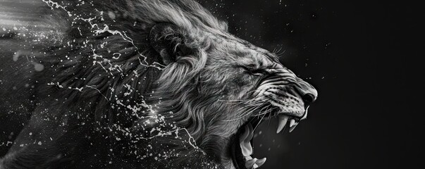 Aggressive lion head detail in black and white color. Detail of Lions head on wide bacground