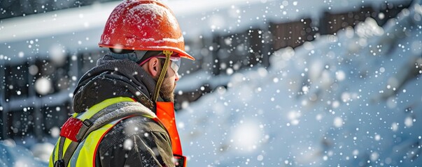 Construction worker with hard helmet and yellow vest on snowy road. banner.