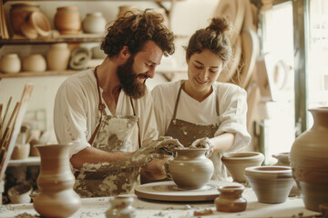 Male ceramist teacher create pottery sculpture with hands on pottery wheel from grey clay with his student. Ceramics store, small business, pottery workshop, courses. Potter couple working in pottery.