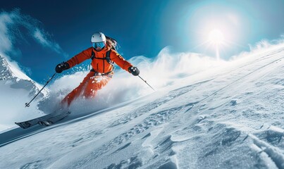 Skilled skier skiing down on a slope against blue sky and mountains - obrazy, fototapety, plakaty