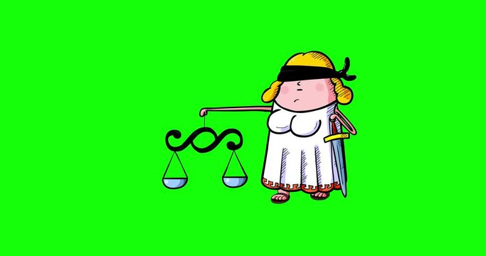 Cartoon Themis walking with paragraph scales and big sword greenbox. Law and justice. Simple funny animation good as illustration in film material.