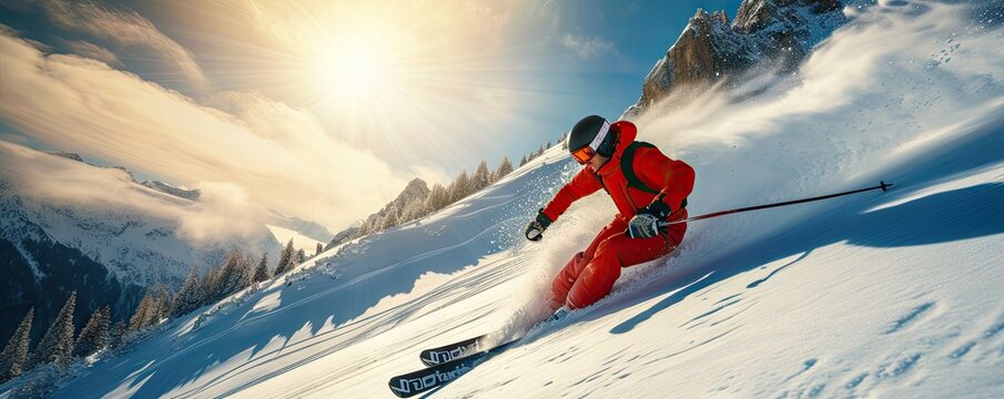 Skilled skier skiing down on a slope against blue sky and mountains