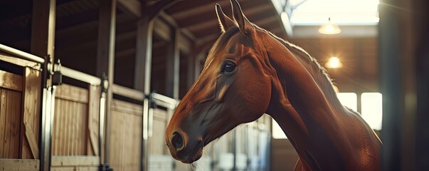 Horse inside stable standing with large blur stable barn in background - obrazy, fototapety, plakaty