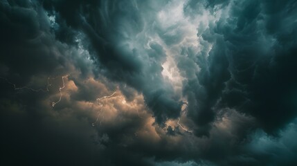Naklejka na ściany i meble Gathering stormy sky with dark clouds and dazzling lightning bolts overhead.