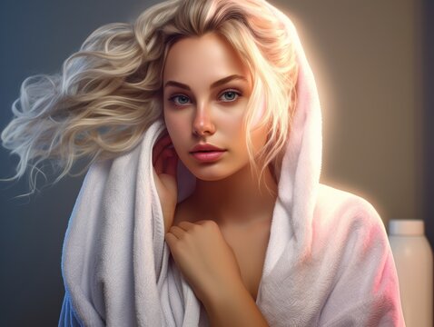 A stunning blonde woman is seen wrapped in a towel, exuding an aura of elegance and tranquility.