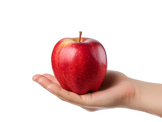 Hand holding a fresh red apple isolated on transparent background, PNG available