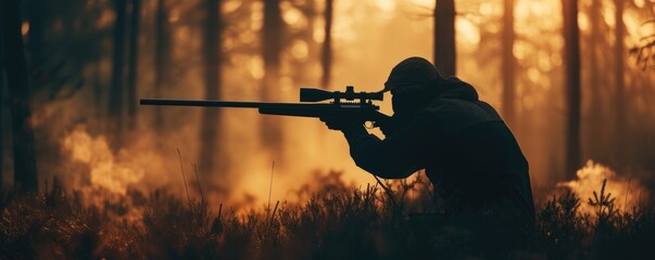 Hunter in holding rifle and shooting at evening forest. Silhouette is aiming his shotgun at animal - obrazy, fototapety, plakaty