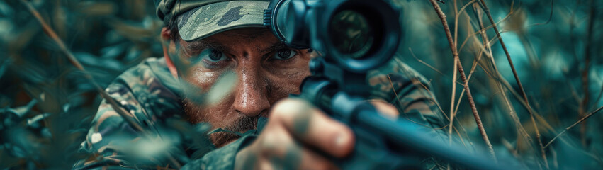 Hunter aiming rifle and looking through a sniper scope with blur forest background. aiming wild...