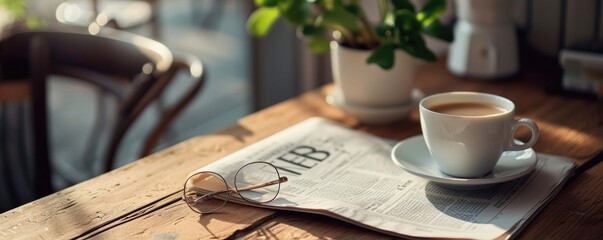 Cup of coffee on office desk with glasses ond newspaper in background