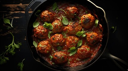 Meatballs in tomato sauce in the skillet Meatballs in tomato sauce in the skillet at dark table. Flat lay image. - obrazy, fototapety, plakaty
