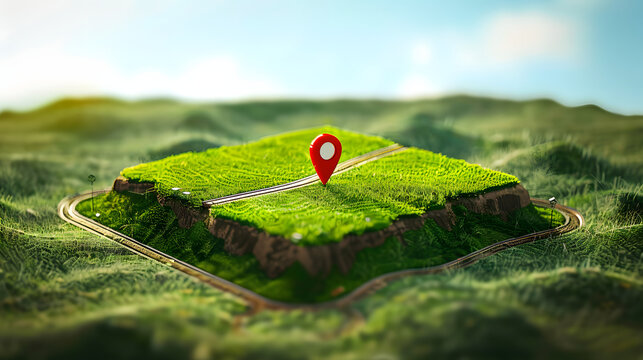 Location pin icon on green land plot, estate investment, land plot for construction project. 3d ground slice section