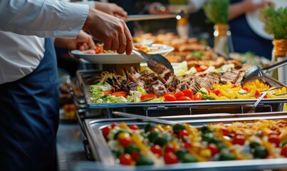 People hands on catering buffet food with grilled meat and fresh vegetables. Hands picking a delicious food - obrazy, fototapety, plakaty