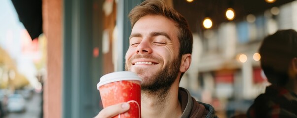 Happy man with eyes closed and smell takeaway coffee outdoor. banner. - obrazy, fototapety, plakaty