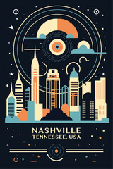 USA United States of America Nashville city vintage poster with abstract cityscape and skyline. Retro vector colorful illustration for Tennessee country music town