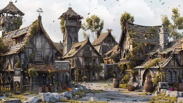 a highly detailed render of a medieval village. seamless looping overlay 4k virtual video animation background