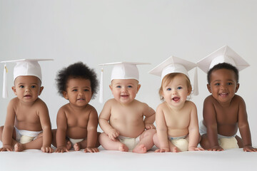 A group of babies with cute smiles in diapers and graduation hat isolated on white