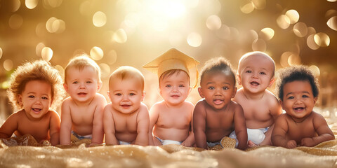A group of babies with cute smiles in diapers and graduation hat , golden backlight and background 
