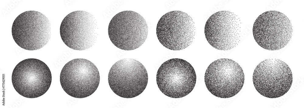 Poster grainy gradient sphere collection. dotwork noise circle set