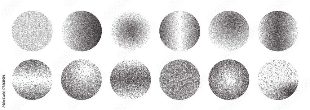 Poster grainy gradient sphere collection. dotwork noise circle set
