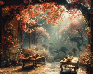 A quaint tea ceremony amidst a garden of mechanical blossoms