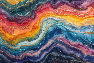 Flowing colors that mimic cosmic sceneries in abstract forms. Interplay of hues, including blues, purples, oranges, and yellows, with white sparklings that suggest a celestial influence