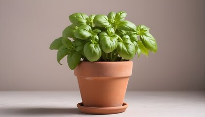 Isolated of basil potted in terracotta plant pot. Front view