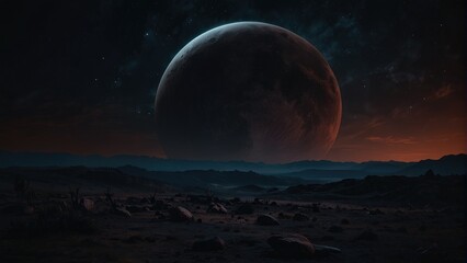 Lunar Eclipse Dramatic Moon Background in Dark Night Planetary Landscape - obrazy, fototapety, plakaty
