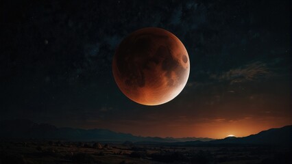 Fototapeta na wymiar Lunar Eclipse Dramatic Moon Background in Dark Night Planetary Landscape