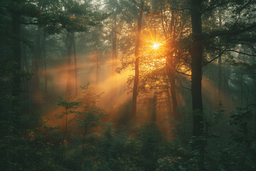Sun shining through trees in forest, sunlight, mystery, season, leaf, sunrise