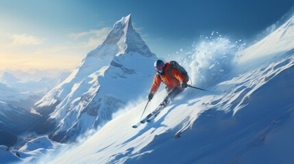 Naklejka na ściany i meble Men ski down mountain slope in winter 