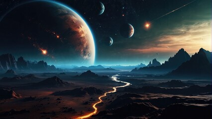 Fototapeta na wymiar Futuristic Space Planet Landscape Desktop Wallpaper Background