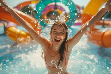 young woman enjoying swimming pool slide with raised hands in summer
