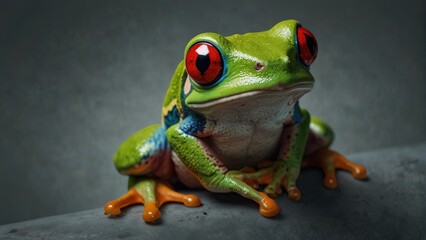 Cheerful Observer Red-Eyed Tree Frog against Simple Background