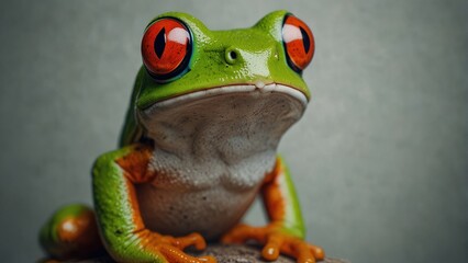 Cheerful Observer Red-Eyed Tree Frog against Simple Background