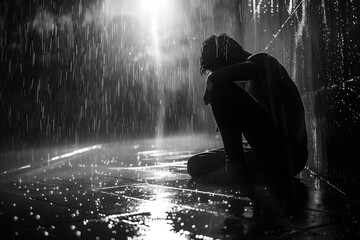Man in rain, night, sitting, dark, raindrop, splashing - obrazy, fototapety, plakaty