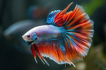 White, red, orange, blue, and multicolor Betta fish with a jet tail. Siamese fighting fish against a dark backdrop.