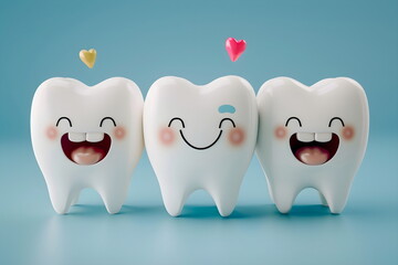 Three animated smiling and laughing teeth on a blue background