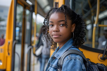 Portrait of a school girl standing in a school bus