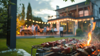 Barbecue against the backdrop of a party on a private plot of a country villa