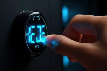 Adjusting Modern Digital Thermostat with Blue LED.  - obrazy, fototapety, plakaty