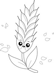 Cute cartoon cereal plant barley. A cute wheat or barley character. Vector black and white coloring page.